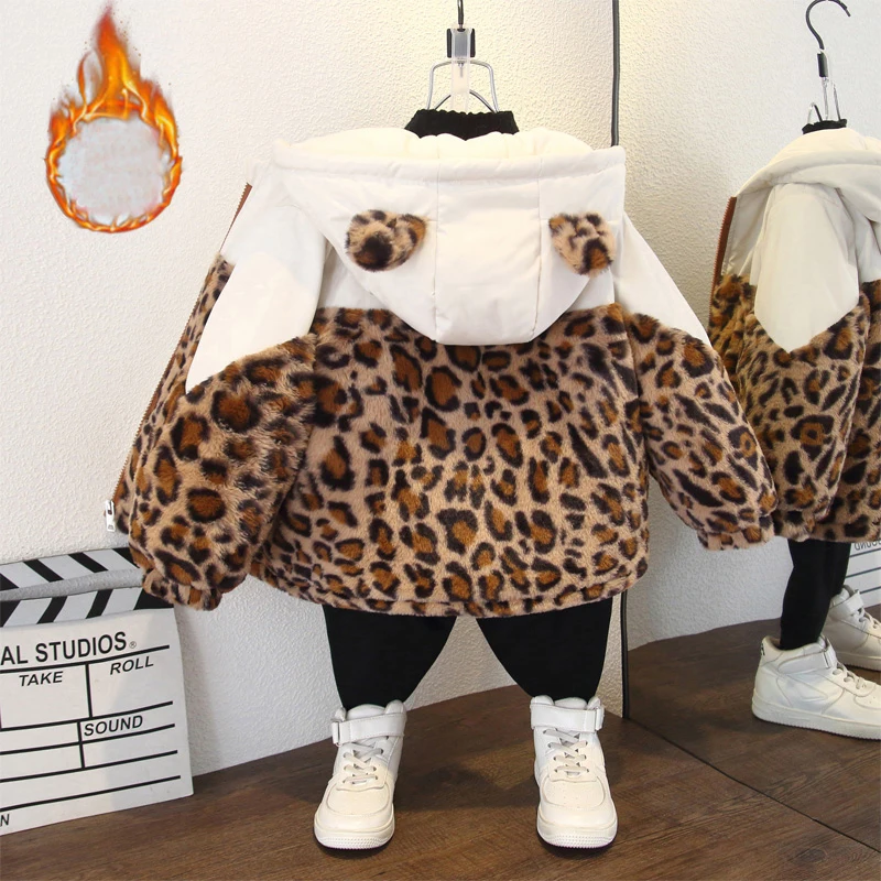 Baby Boys Girl Leopard Print Splicing Jackets 2026 Autumn Winter Kids Little Bear Velvet Thicken Hooded Coats Children Outerwear