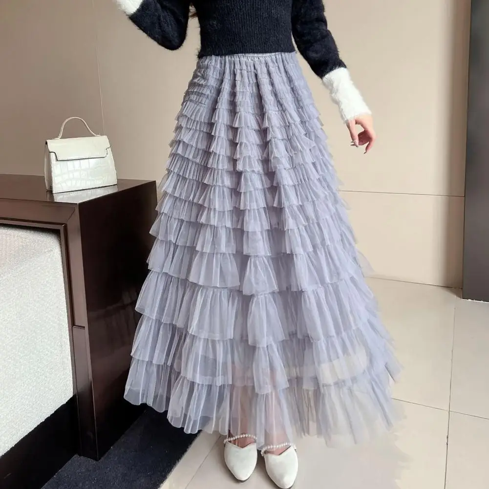 

Women Cake Skirt Elastic High Waist A-Line Skirt Multi Layer Ruffle Trim Pure Color Maxi Skirt Work Leisure Daily Wear