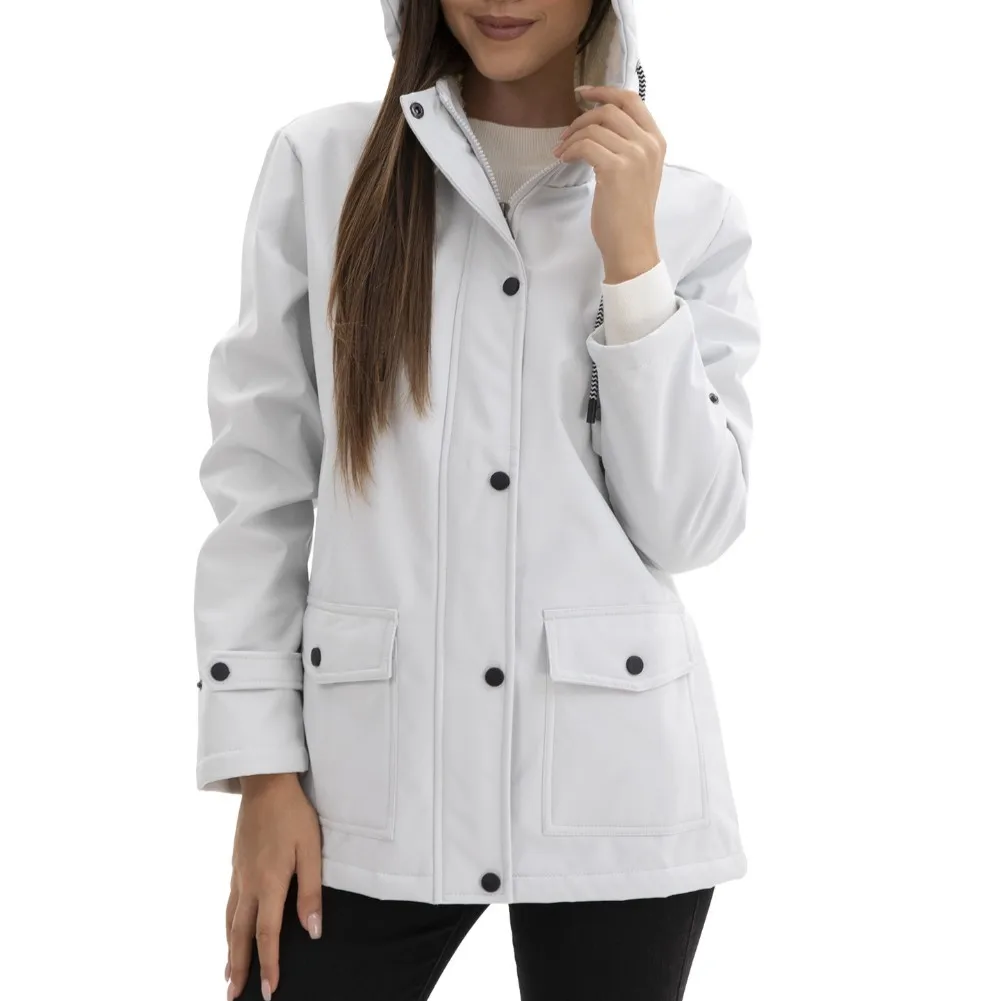 Women Multi Pocket Drawstring Waist Hooded Jacket Fleece Lined Windproof Thick Warm Outerwear for Office Holiday Use
