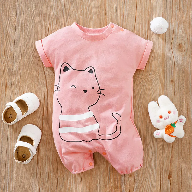 Baby Boys Girls Unisex Newborn Romper ，0-18 Months Toddler Clothing，Infant summer Short sleeve Cute pink kitten print Jumpsuit