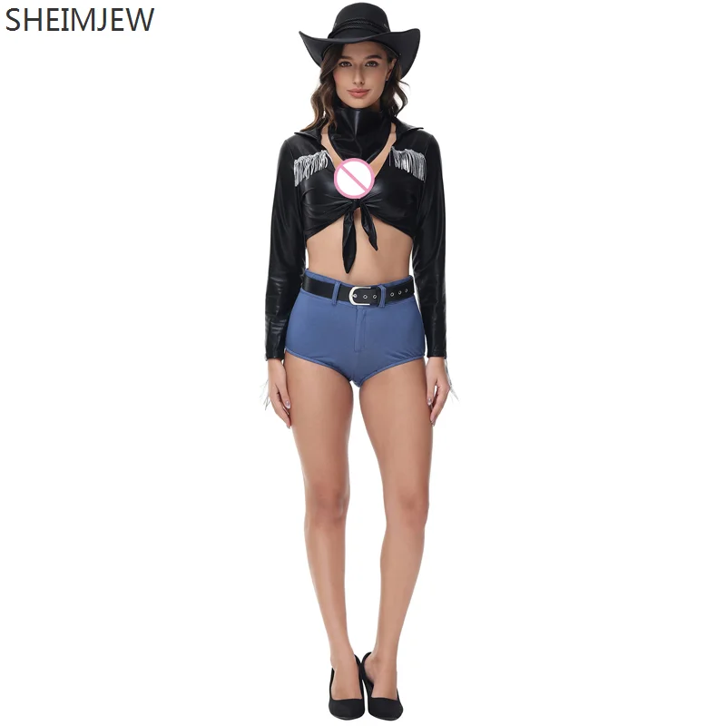 

Sexy Singer Disco Western Cowboy Cosplay Costume Halloween Tassel Deep V Neck Leather Long Sleeve Shirt Short Pants Hottie Suit