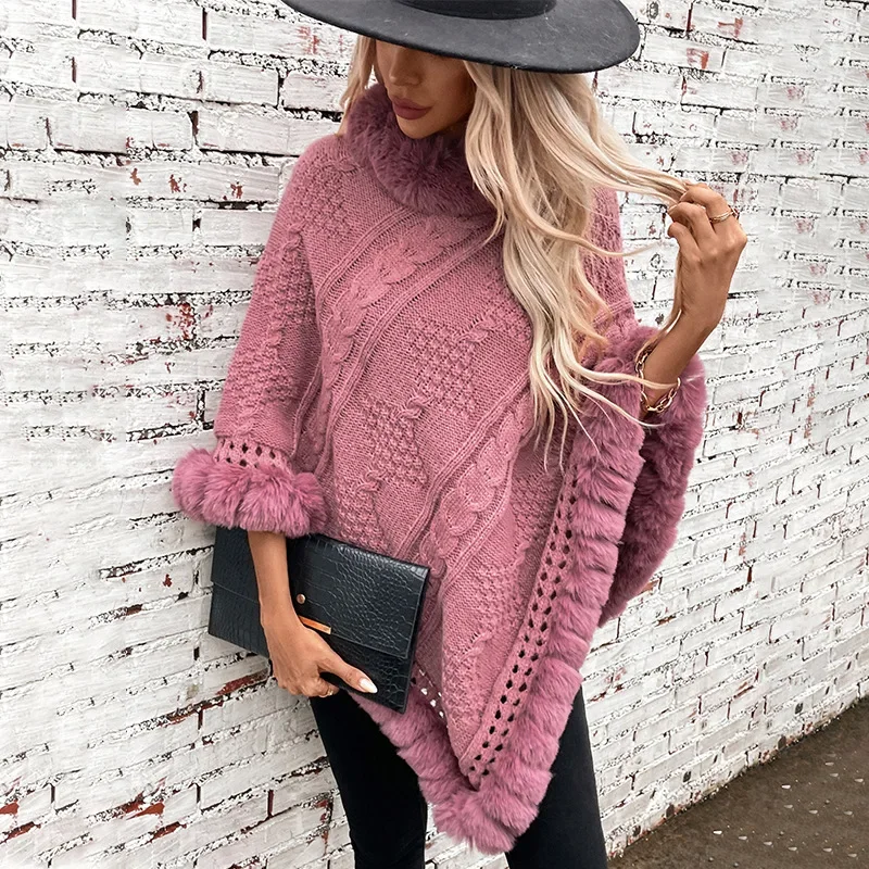 

Women's New Winter Women's Loose Plus Size Warm Imitation Rabbit Fur Collar Cloak Female Coarse Fried Dough Twists Sweater Coat