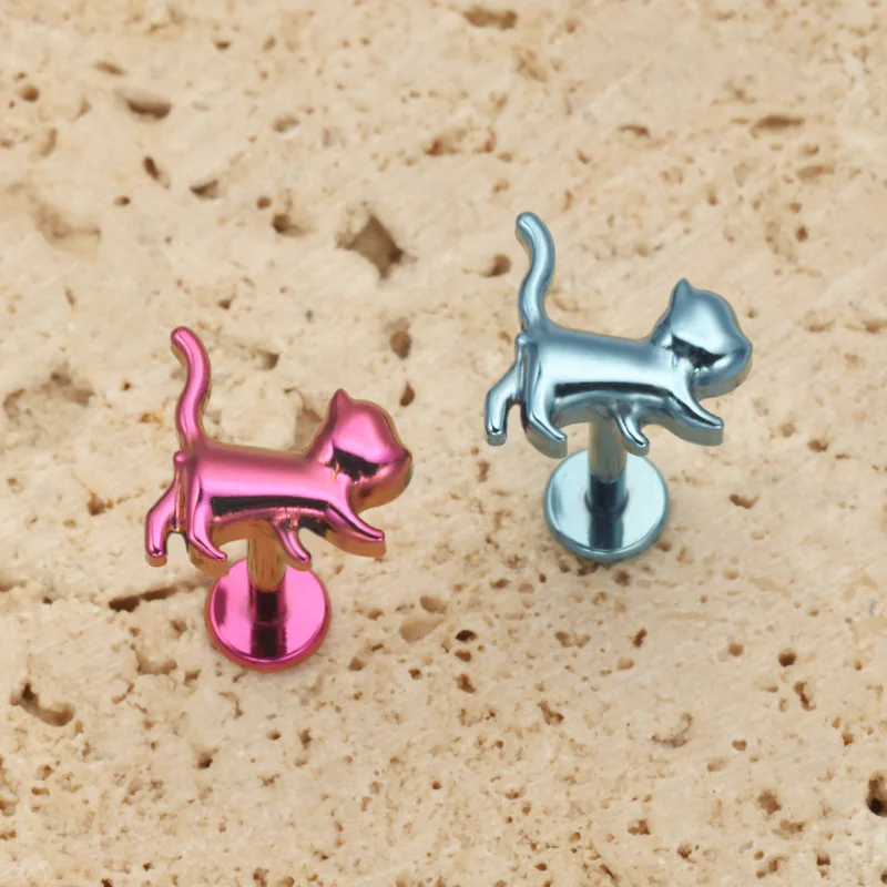 ASTM F136 Titanium Cute Cat Lab Star Flat Back Cartilage Stud Earring Internally Threaded Lab Helix Tragus Anodizing Lip Ring