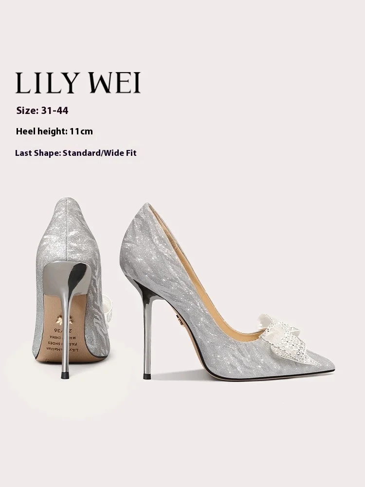 

Новые весенние свадебные туфли на тонком высоком каблуке с блестками и неглубоким бантом со стразами, расширенные женские туфли большого размера для банкетов