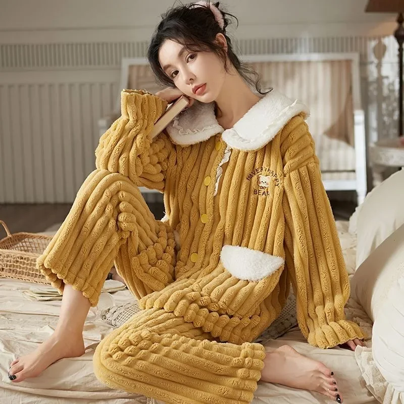 

2024 New Autumn Winter Sleepwear Coral Fleece Pajamas Women Thickened Plushing Loungewear Warm Homewear Flannel Nightwear Set