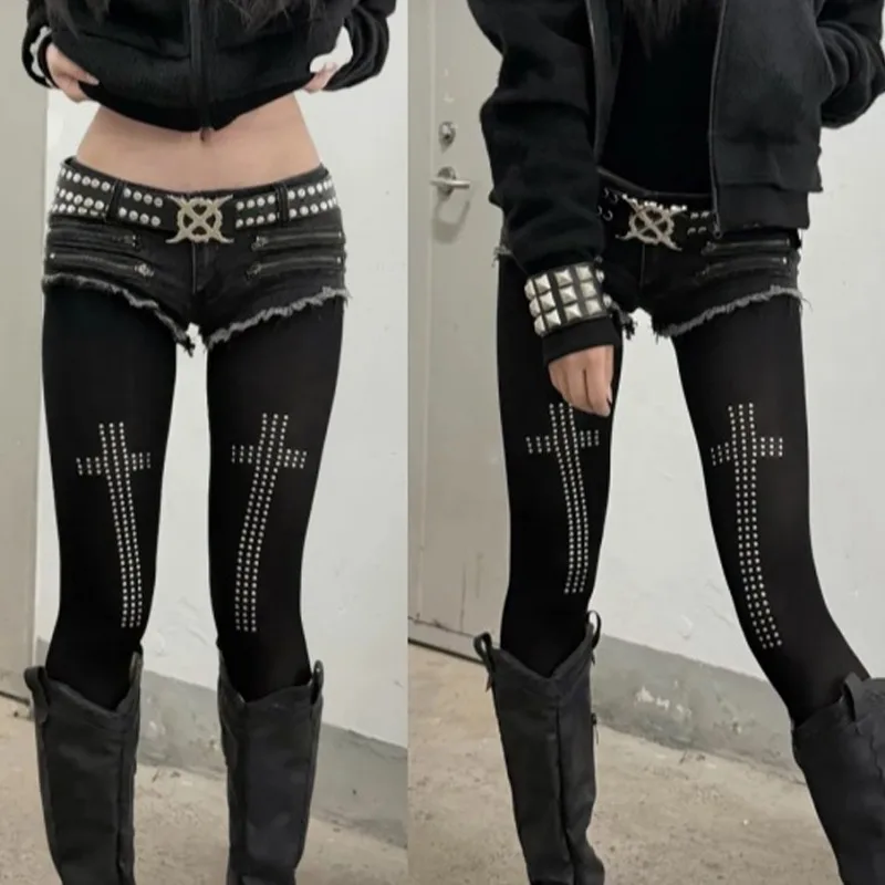 

Готические колготки со стразами Y2K, колготки в стиле панк JK для женщин, сверкающие крестообразные дизайны, эластичные вечерние модные чулки, леггинсы