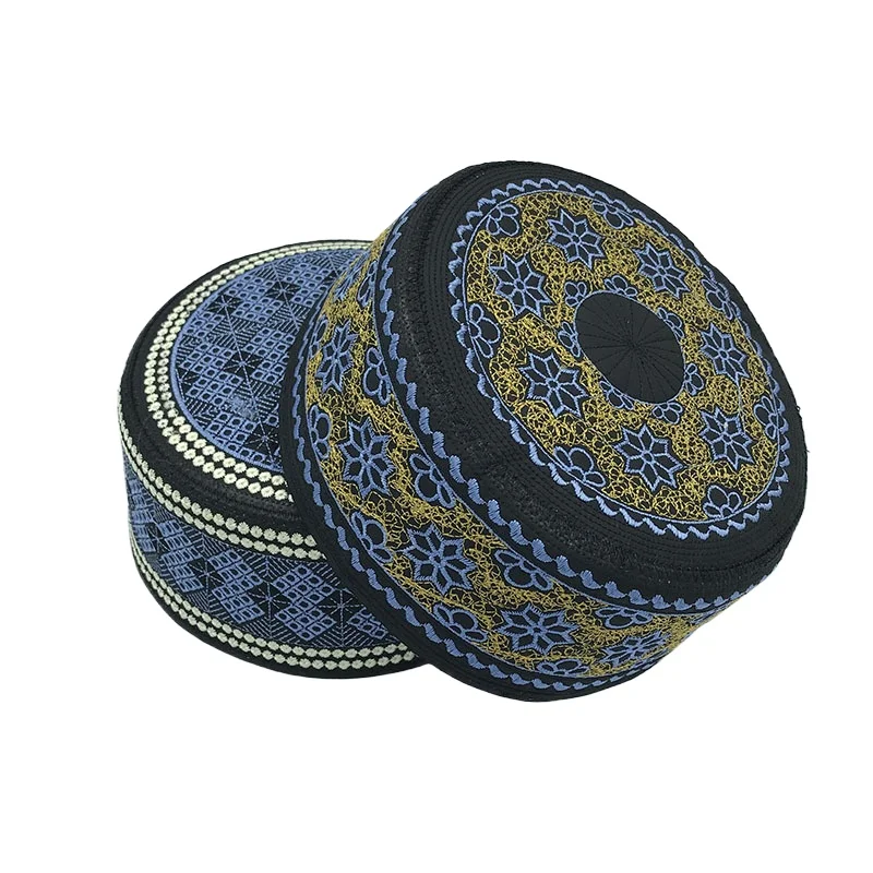 New Hui Men\'s Worship Hat Flat-topped Round-brimmed Gold and Blue Embroidery Saudi Hats Islam Homme Jewish Kufi Islamic Cap Men