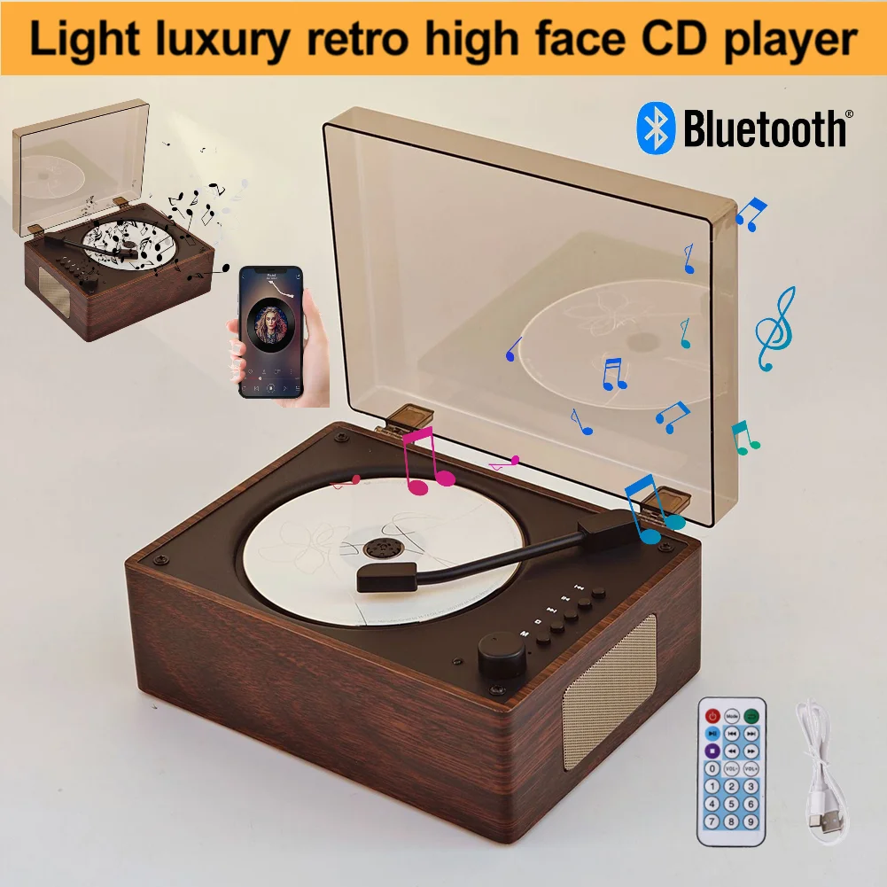 Vintage CD Player Bluetooth 5.0 Built-in Speaker Portable Rechargeable CD Music Player for Phone USB Lossless Player Home Decor