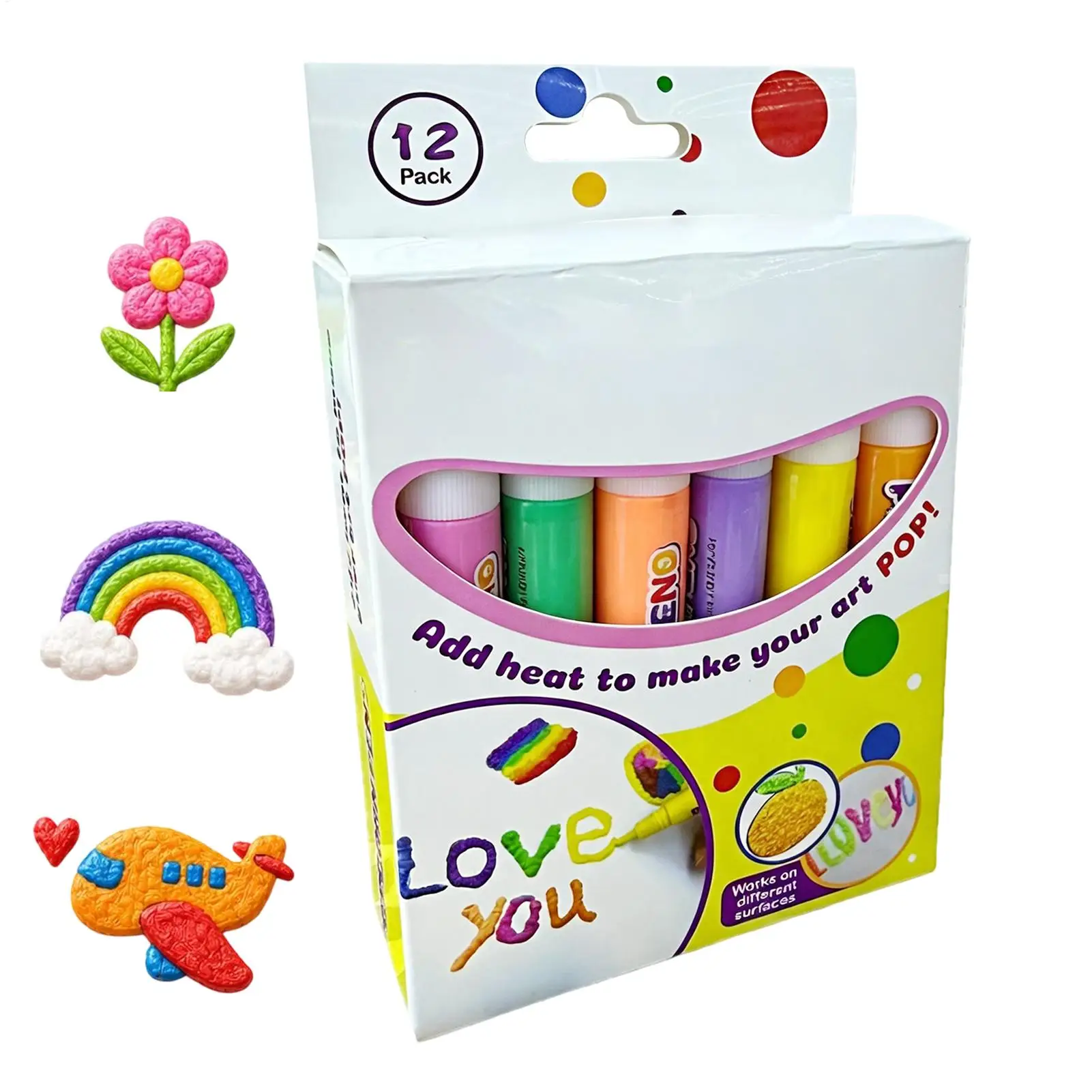 Puff Paint Markers for Fabric 12-Colors Water-Based Coloring Crafts Toys Fun Pens for Kids for School Classroom Travel Easter
