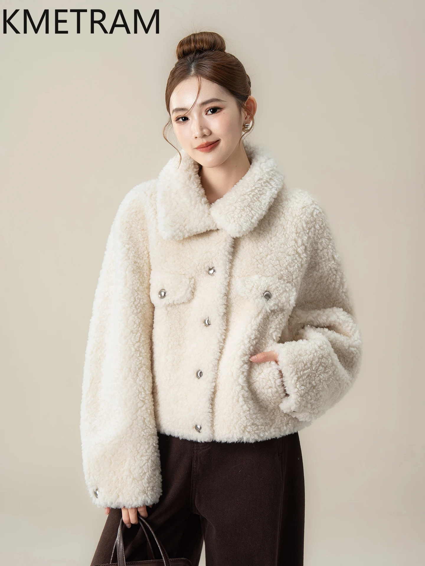 KMETRAME 100% Naturalna Wełna Jednolity Kolor Luksusowy Płaszcz z Futra w Stylu Casual na Sezon Jesień-Zima 2025 Nowości w Stylu płaszcze