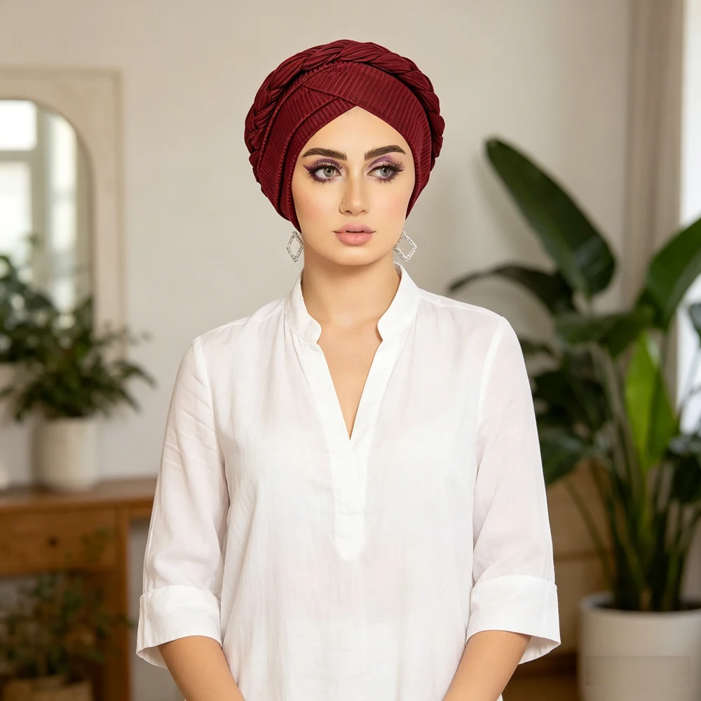

Women Braided Turban Hat Forehead Cross Inner Hijab Breathable Islamic Head Wrap Muslim Headscarf Chemo Casual Beanies