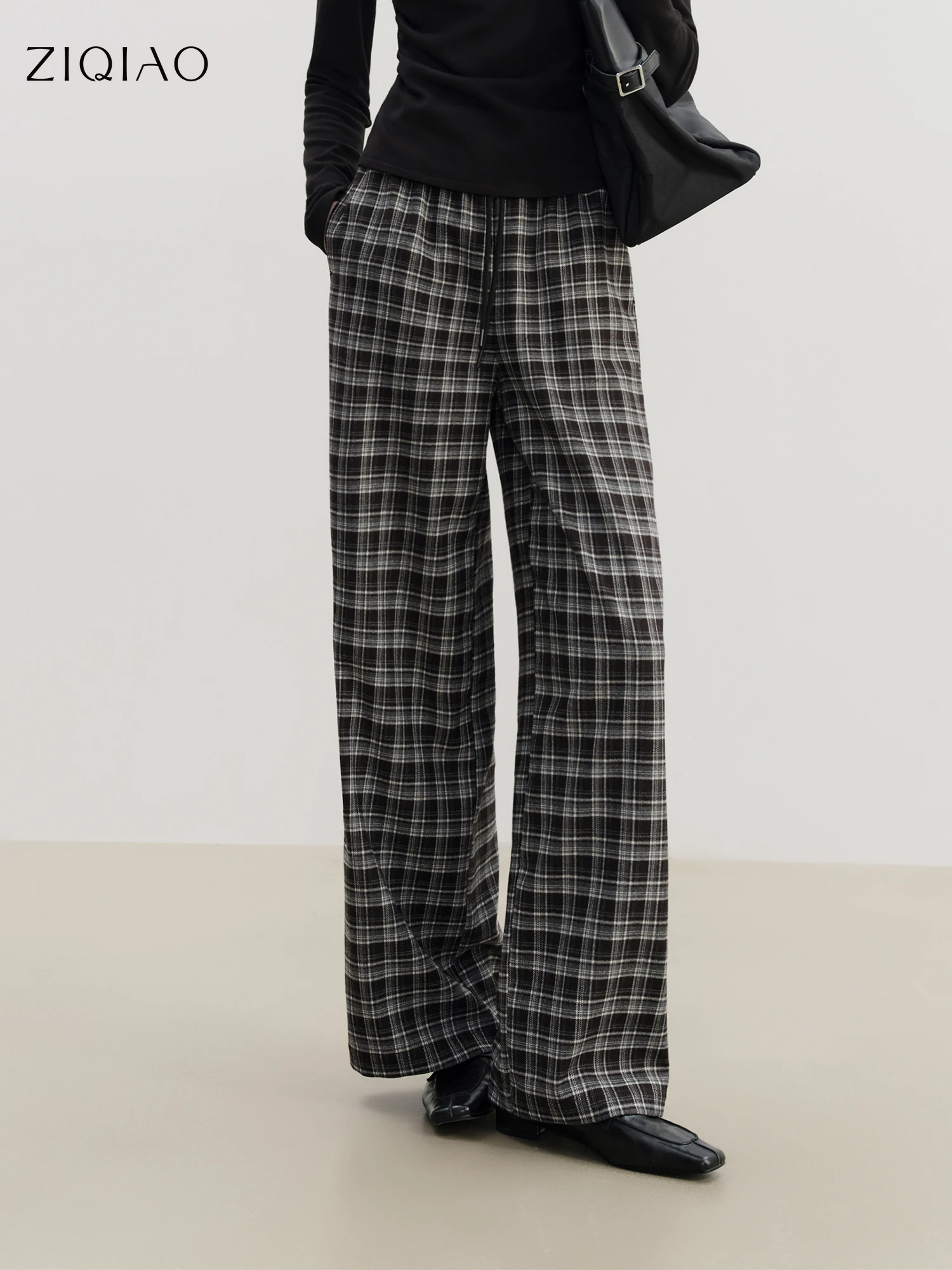 

ZIQIAO 2025 Autumn Winter Women's Retro Black White Plaid Straight Leg Pants - Casual Long Trousers for Everyday Comfort