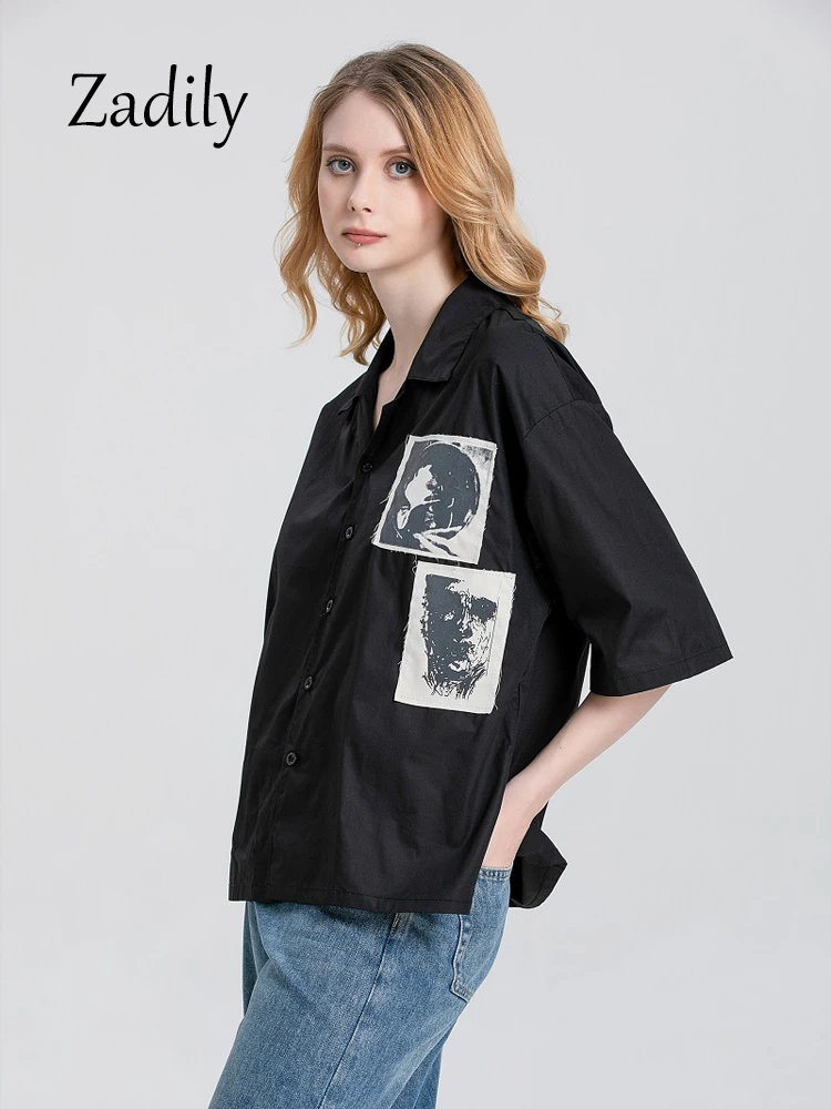 Short Sleeve Shirt for Women, Gothic Print, Loose Streetwear, Button, Patchwork, Female Clothing Tops, Summer Y2k, 2024