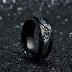 Fashion 8mm Men Stainless Steel Celtic Dragon Rings Inlaid Black Zircon Stone Rings For Men Carbon Fibre Rings Wedding Band Gift