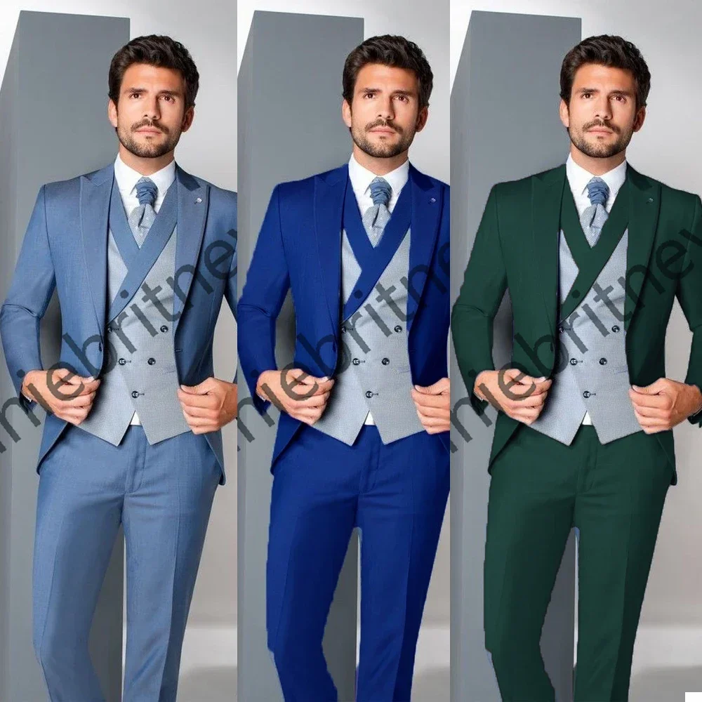 2024 Blue Green Fashion Men Suits Smart Casual Slim Fit Blazers Hombre Business High Quality Custom 3 Piece Set Costume Homme