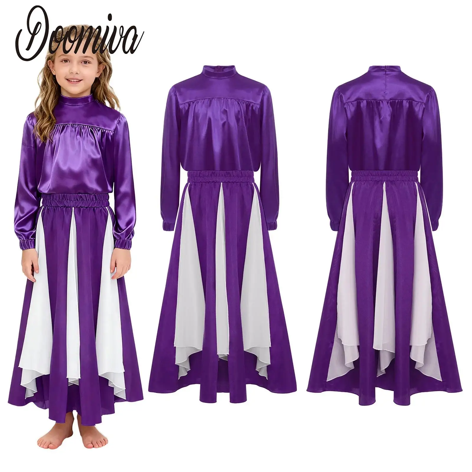 

Kids Girls Praise Liturgical Dance Costume Lyrical Dance Dresses Outfit Long Sleeve Zipper Top with Chiffon Panel Satin Skirt