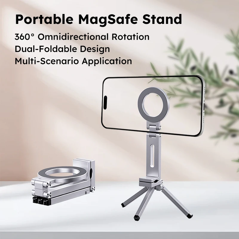 Phone Holder Magnetic Stand for Magsafe 360° Dual-sided Rotating Selfie Portable Tripod Aluminium Mobile Holding for Travel Live