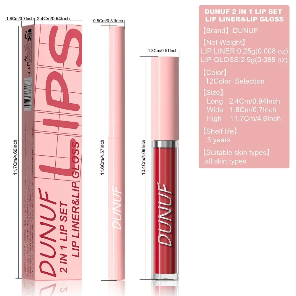 DUNUF New 2 IN 1 / Set  Lipstick Lipliner Pen Matte Nude Lip Liner Pencil Waterproof Lasting Lipstick Gloss Contour Makeup Women