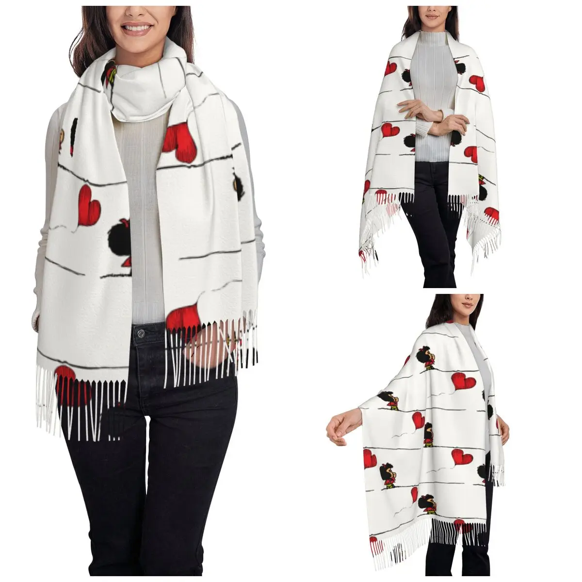 Mafalda Heart Shawls Wraps for Women Winter Long Soft Scarf Cartoon Neckerchief Tassel Scarves