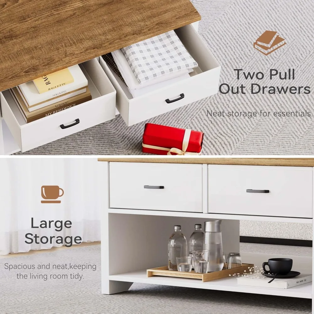 Square Coffee Table Lift Top, Wood Tea Table with Big Open Storage Living Room, Coffe Tables Rustic Center Table with 2 Drawers