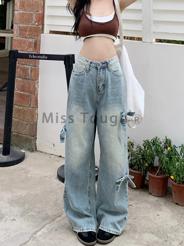 Koreanisches Design Bowknot Hose mit weitem Bein Frauen Mode lässig hohe Taille Wisch hose weibliche Vintage y2k dünne lose feste Hose