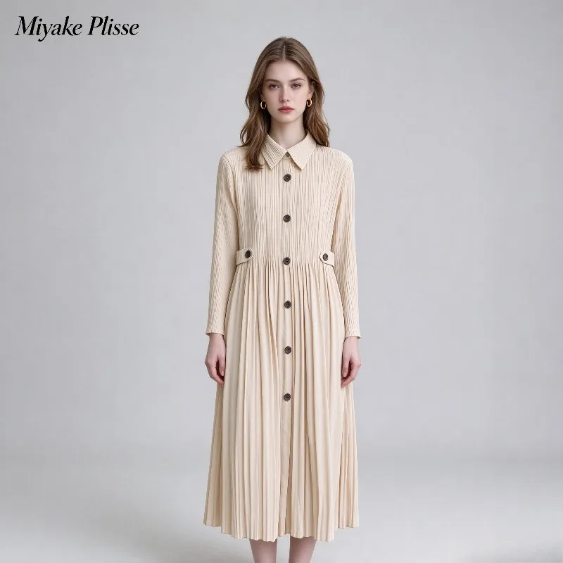 Women's Pleated 2026 Autumn Winter New Solid Color Single Row Multi-Button Turn-Down Collar Trench Coat Casual Elegant Jacket