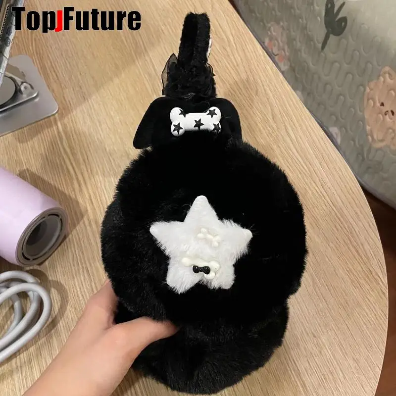 Women Harajuku Y2K Girl black dog Plush furry Warm Earmuffs Gothic Lolita Warmer Muff Ear Subcultural Wings Lace cat ear hat