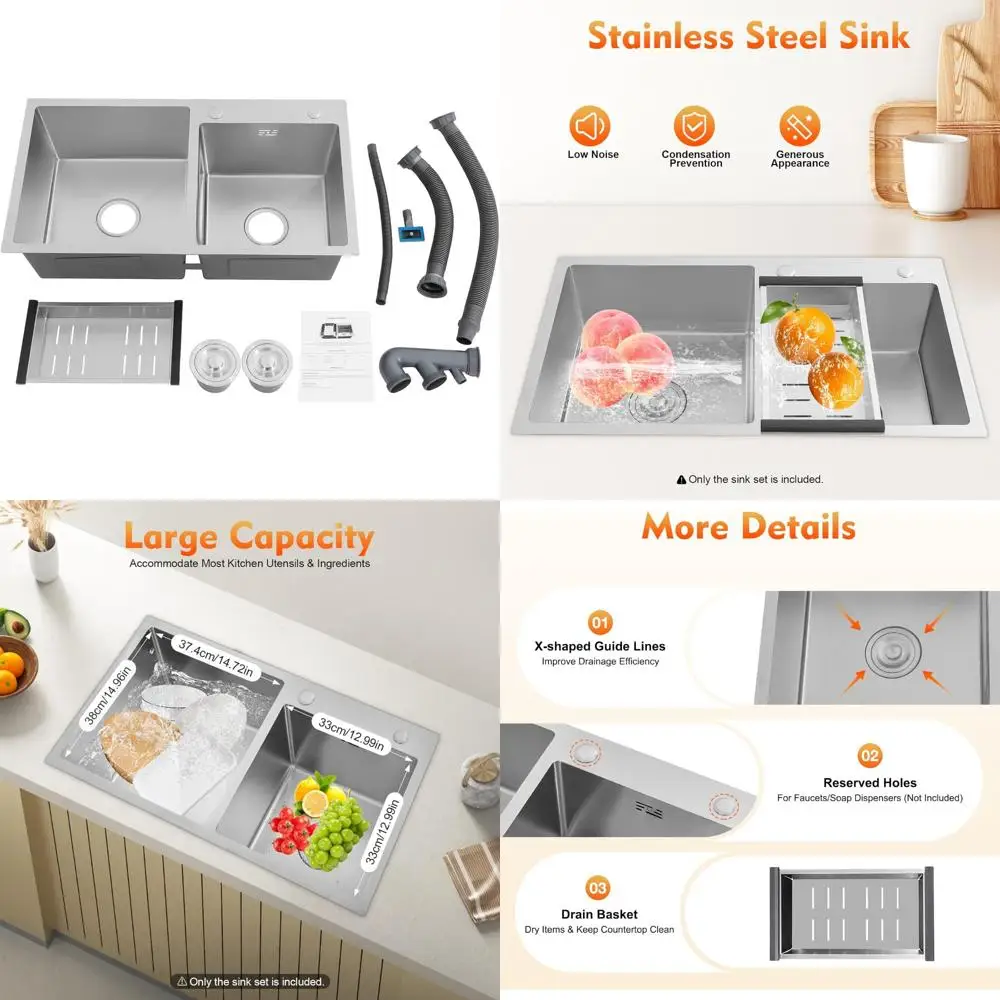 

Stainless Steel Double Bowl Kitchen Sink with Drain Basket - Drop-in Design for Garages and Dishwasher Compatibility