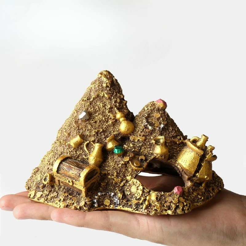 

Simulation Gold Treasure Mountain Model Resin Aquarium Fish Tank Hideout Cave Rockery Gold Silver Decoration Ornament Home Decor