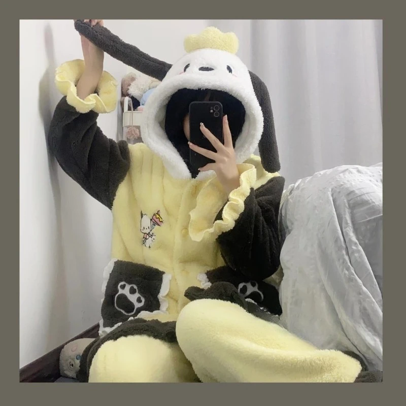 

Модный зимний утолщенный бархатный комплект Pochacco, теплый, удобный, милый, милый комплект домашней одежды с длинными рукавами в стиле аниме для девочек-студентов