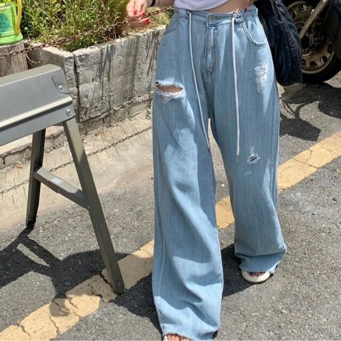 East Gate High Waist Loose Wide Leg Dstring Thin Denim Jeans Spring Autumn Long Trousers Women's Premium Faion