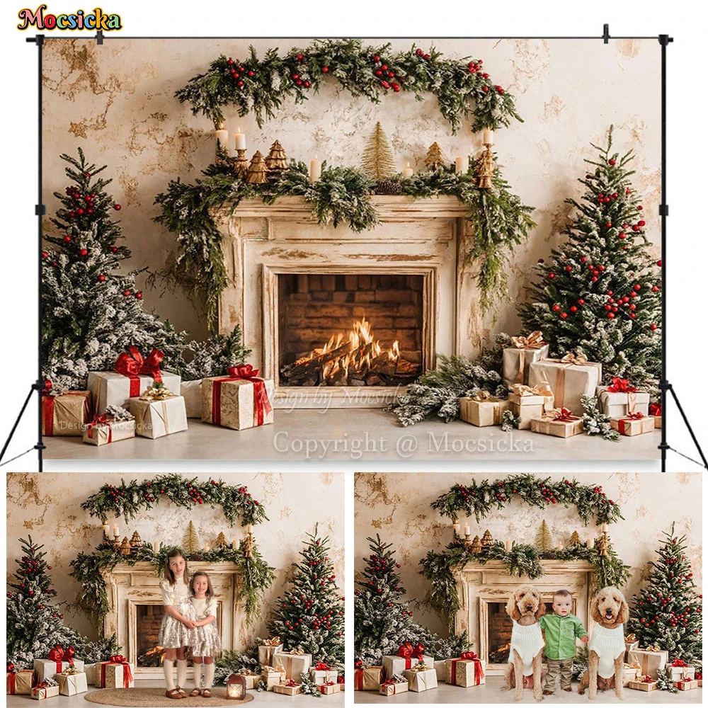 White Vintage Fireplace Background Photography Christmas Tree Garland Candle Gift Backdrop Booth Xmas Room Family Photo Studio