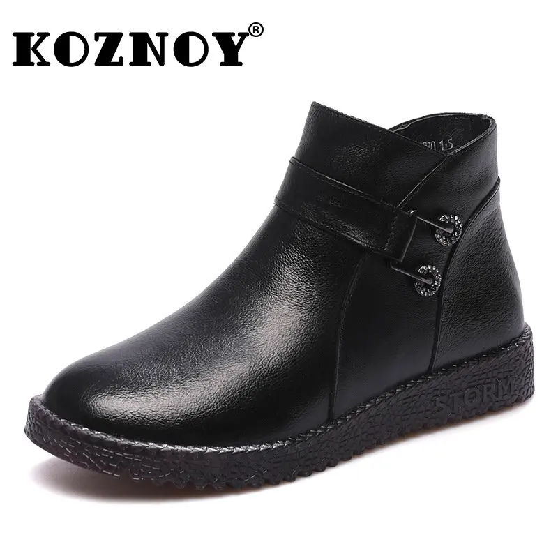 Koznoy Women Genuine Leather Ankle Boots 3cm Natural Comfy Spring Autumn Winter Ankle Flats Plush Warm Moccasins Big Size Shoes