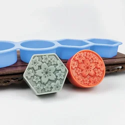 4 Holes Relief Flower Hand Soap Silicone Moulds Easy Demold Sakura Sphere Candle Gypsum Mold Round Hexagon Chocolate Making Tray