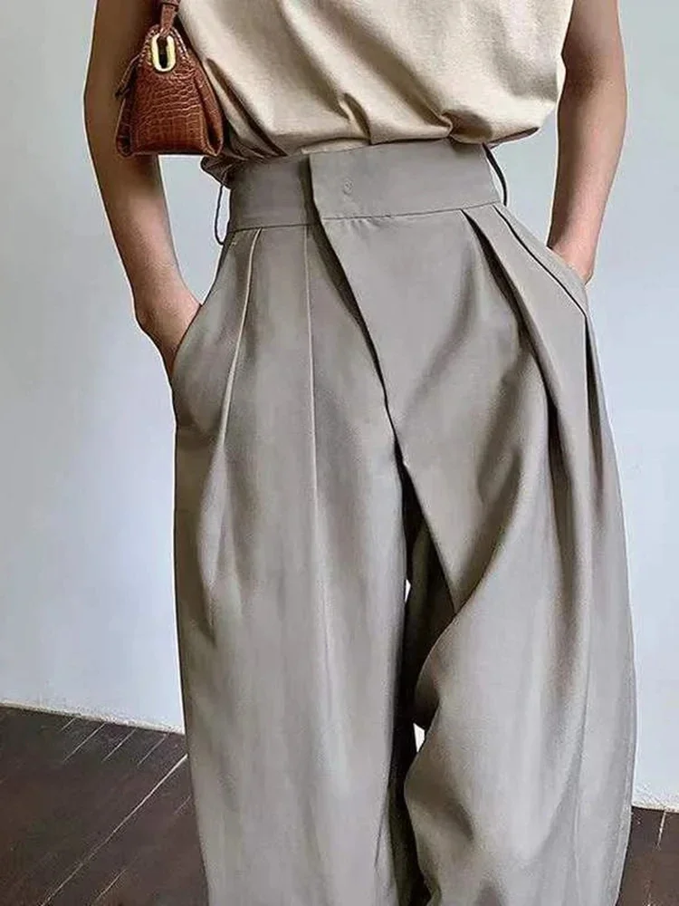 Elegant Retro Simple Office Ladies Women\'s Khaki Loose Leg High Waist Classic Baggy Pants Casual Fashionable Classic Solid Color