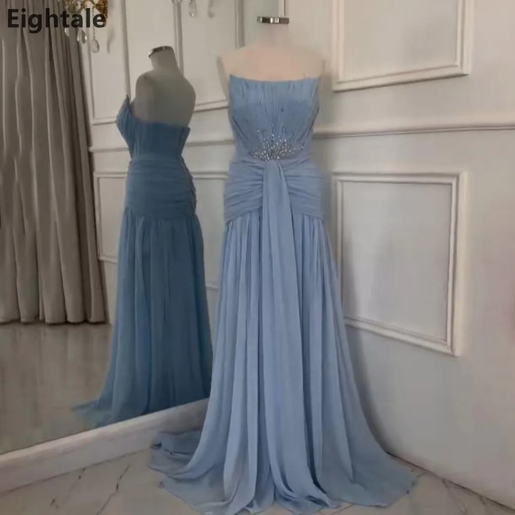 

Eightale 2025 Sky Blue A Line Chiffon Maxi Evening Dress Beaded Strapless Saudi Arabic Prom Dress Dubai Party Gown Customized
