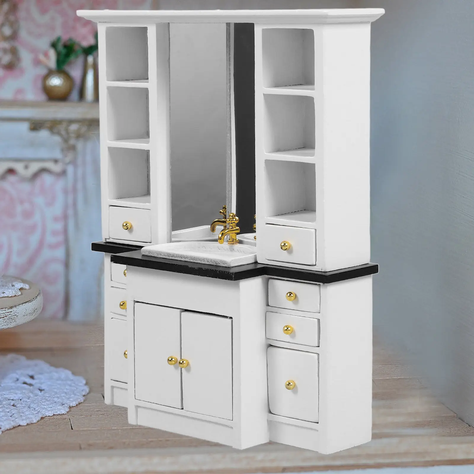 

Миниатюрный деревянный шкафчик под раковину 1:12 для декора кухни и ванной комнаты, реалистичный винтажный стиль, аксессуары для дома, детальное исполнение