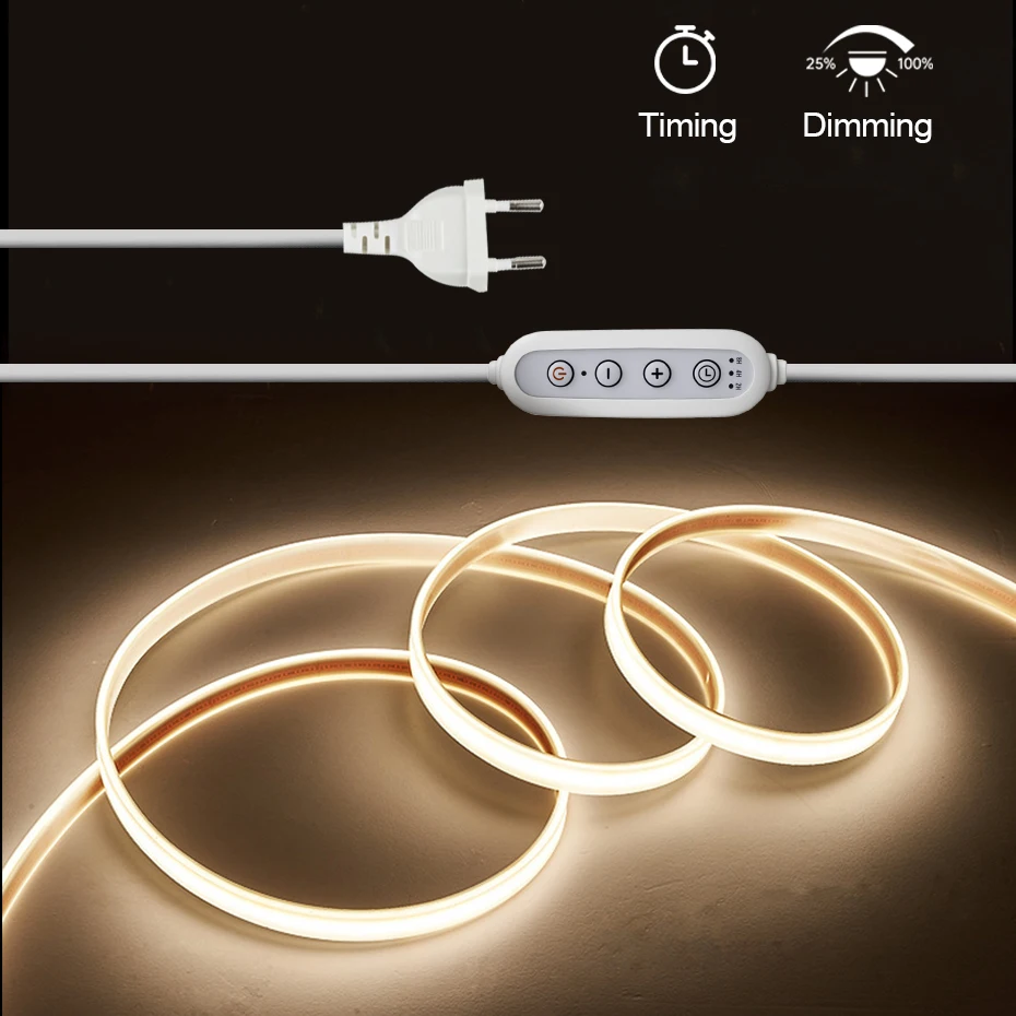 調光可能なCOB LEDネオンストリップ 110V 220V 調光タイマー付きスイッチ US EU AU UKプラグ 高密度288LED/m 防水フレックスLEDリボン