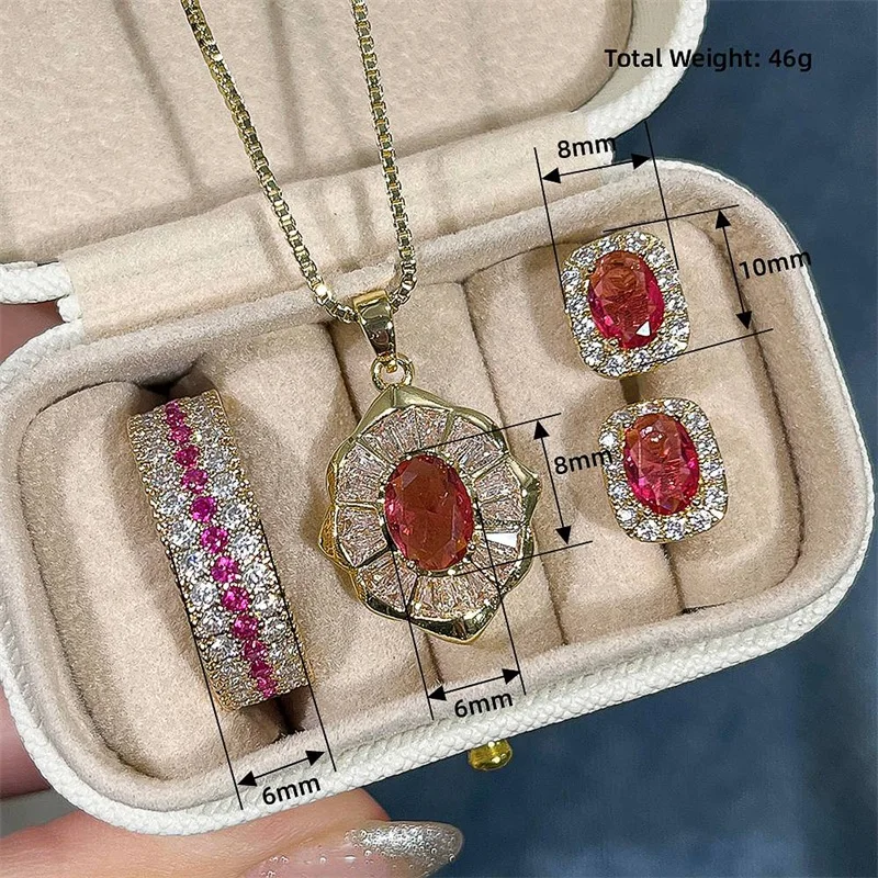 Huitan Gold Color CZ Jewelry Set for Women White Red CZ Pendant Necklace Ring Stud Earrings Engagement Wedding Bridal Party Gift view 2