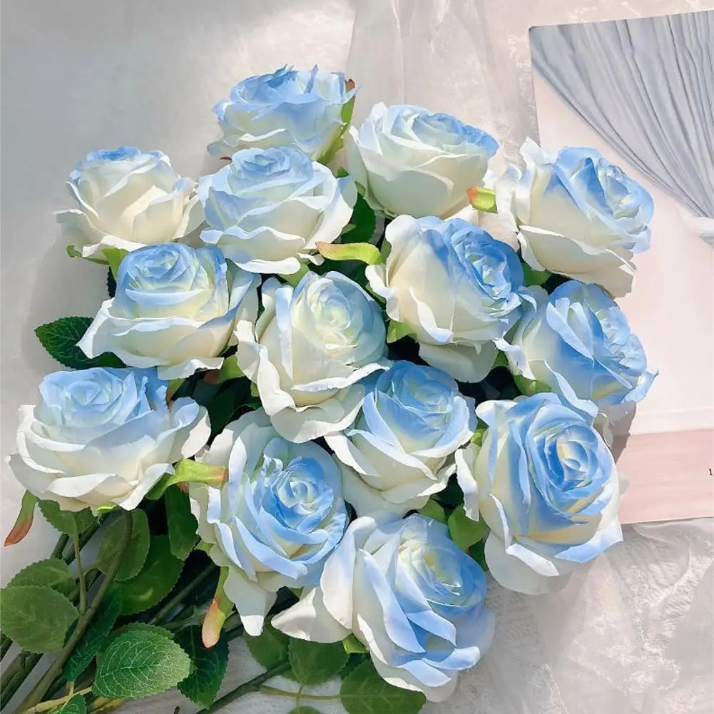 10 Stück Künstliche Blumen Blaue Rose Valentinstag Seiden-Brautstrauß Hochzeitskranz Heim- und Außenbereich Dekoration DIY Handstrauß Blumengeschenk – Detail 6