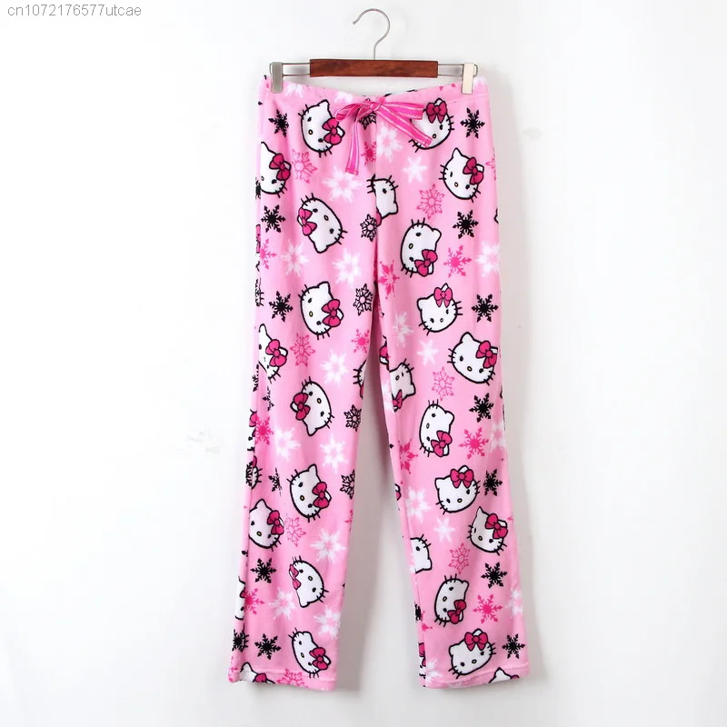 Halloween Sanrio Hello Kitty Plush Cotton Sleep Bottoms Pjs Pants 2023 New Cute Cartoon Flannel Winter Warm Casual Home Pants