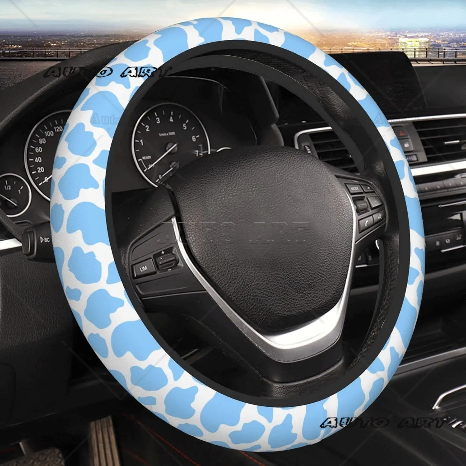 Blue Cow Print Steering Wheel Covers Girls Universal 15 Inch Car Wheel Protector Anti-Slip Car Steering Wheel Accessories