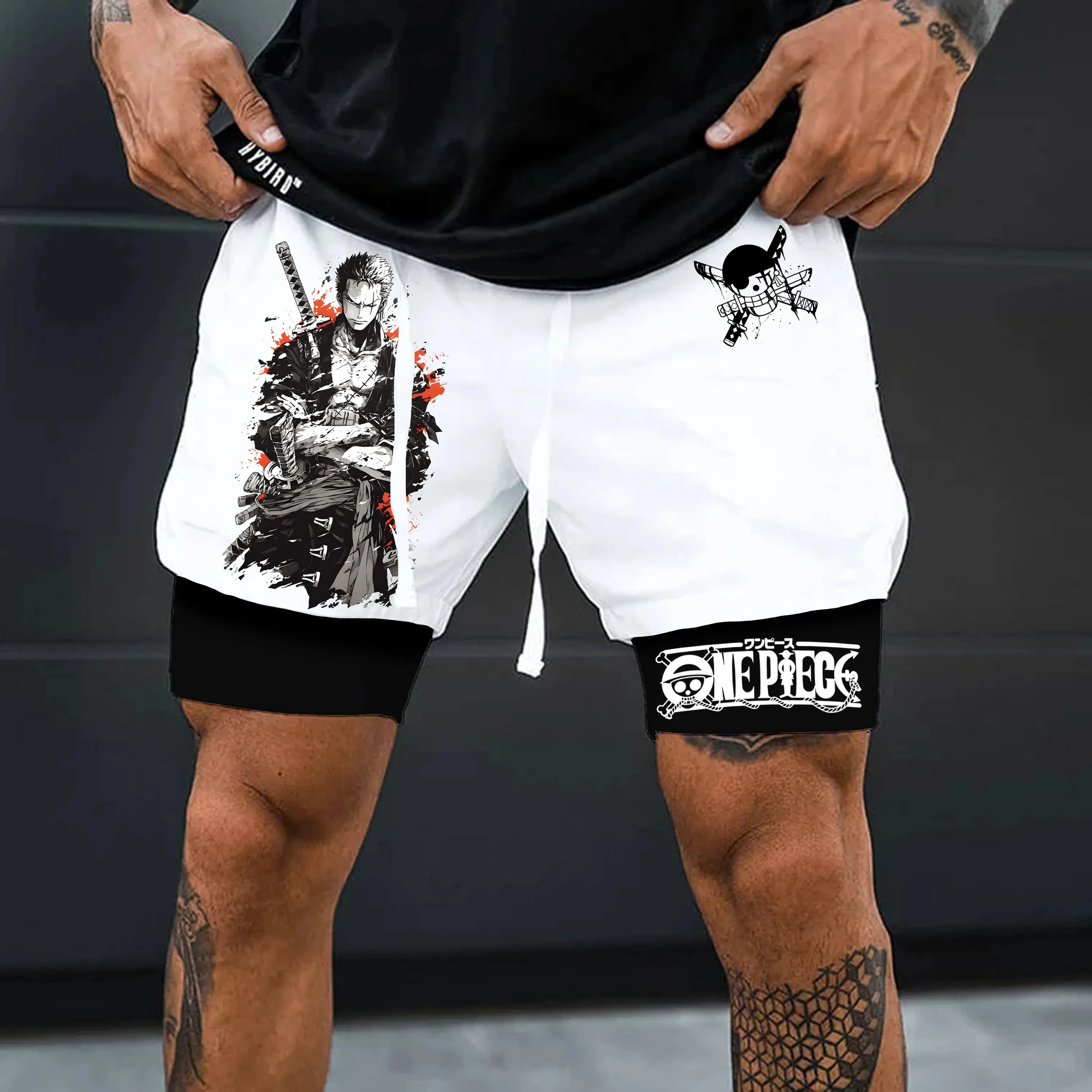 Uma peça periférica impressa shorts de dupla camada sauron luffy 2025 rua americana verão masculino solto esportes calças respiráveis