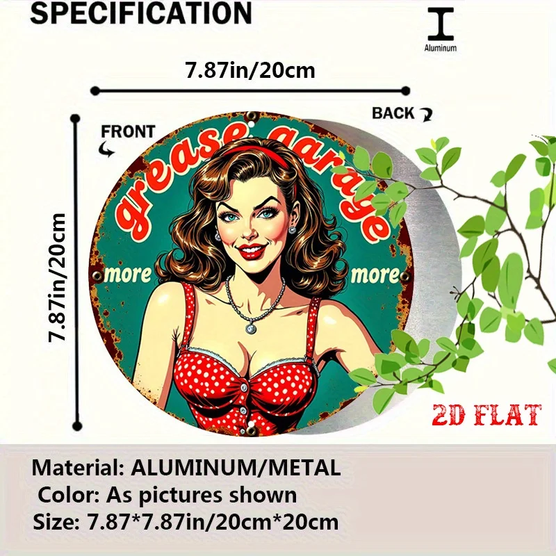 2D Flat - Round Aluminum Sign with Bold Colors, Featuring a Garage Theme. This Vintage Pinup Sign Measures 7.87X7.87 Inches