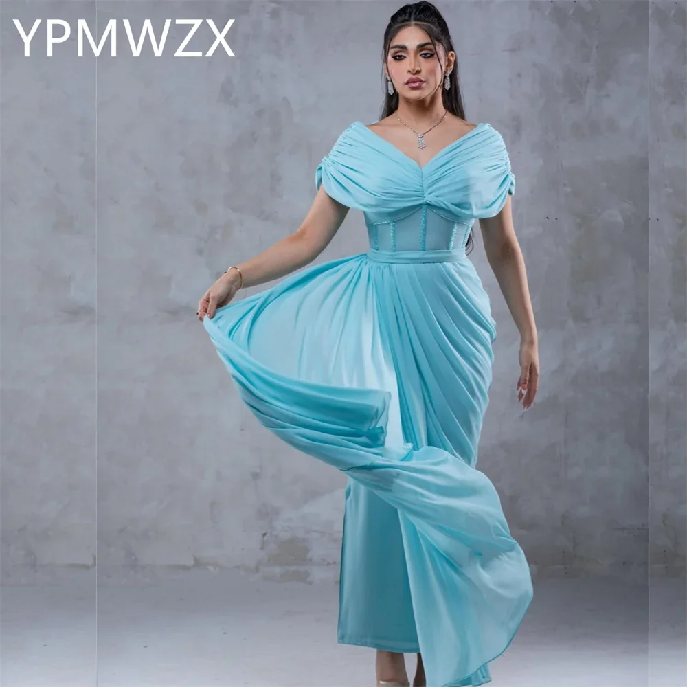 

Customized Evening Dress Party Occasion Women Formal YPMWZX V-neck A-line Ankle Length Skirts Draped Bespoke Dres