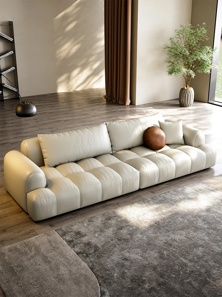 

Customized internet celebrity puff leather sofa with light luxury cream style French living room size unit, straight row piano