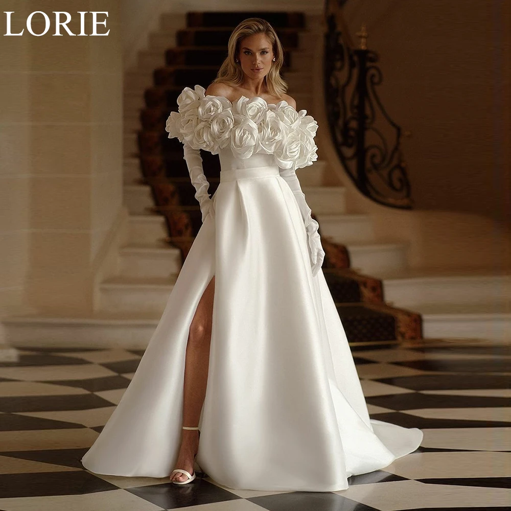 

LORIE Elegant Satin Wedding Dresses A-Line Off Shoulder 3D Flowers Pleated Side Slit Bride Prom Gown 2024 Bridal Gown Customized