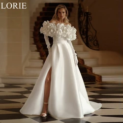 LORIE Elegant Satin Wedding Dresses A-Line Off Shoulder 3D Flowers Pleated Side Slit Bride Prom Gown 2024 Bridal Gown Customized