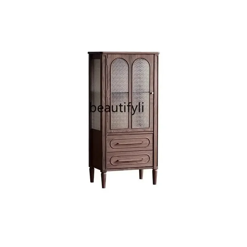 183F North American black walnut antique living room side cabinet French retro all solid wood wine cabinet storage display cabin