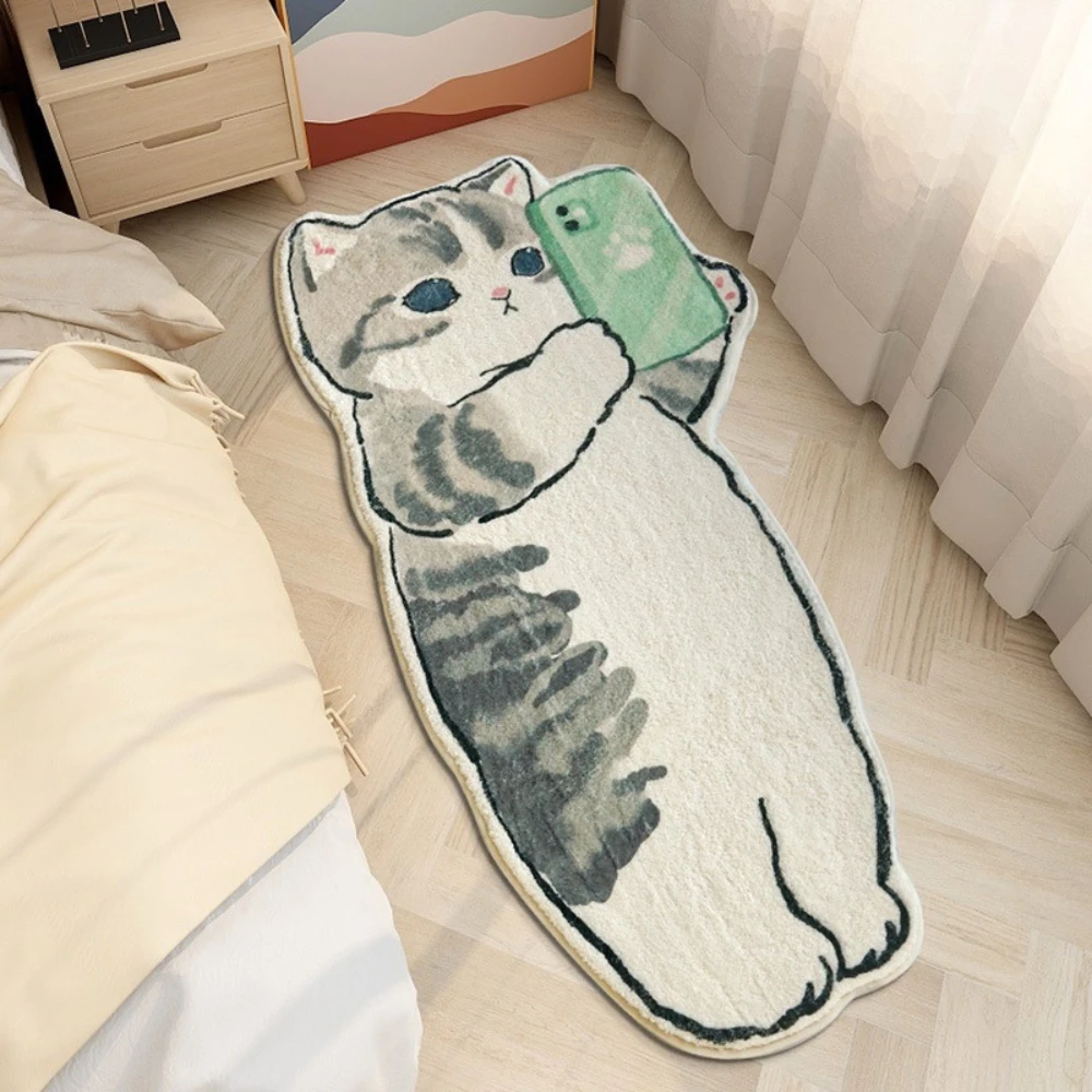 Non-Slip Cartoon Bedside Rug Cat Carpet Fluffy Cat Mat Irregular Floor Mat for Living Room Shaggy Area Rug Thicken Doormat Cute